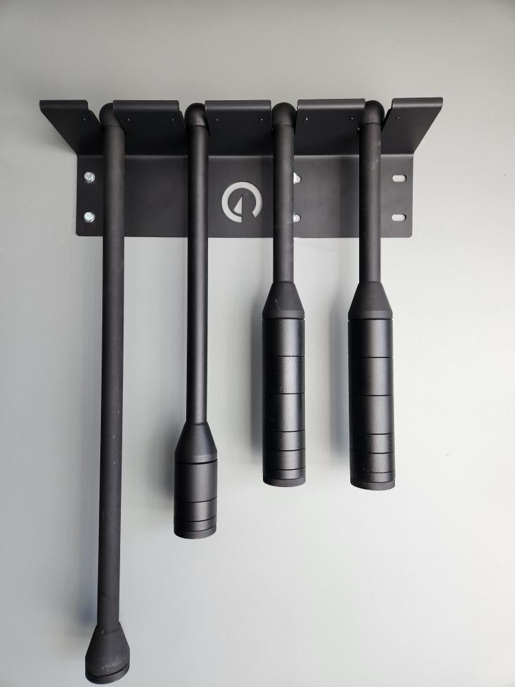 Exponent Edge Mace and Club Holder mounted to a wall holding clubs
