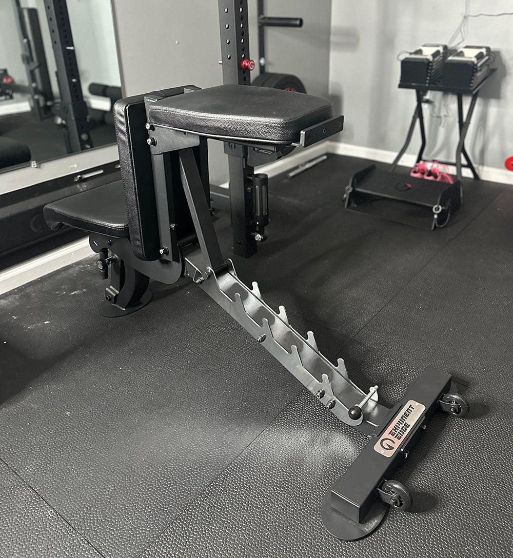 Workout bench that replaces 3 benches; flat Bench, incline bench & a half bench that also duals as a chest-support and back-support device.