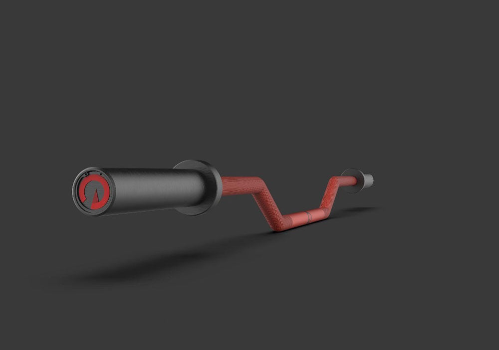 The Edge Bar is a mix between a shortened cambered bar and an EZ Bar. Perfect for enhanced bicep workouts, chest workouts, and more. This image presents a 3D render of the Edge Rackable Cambered Bar.