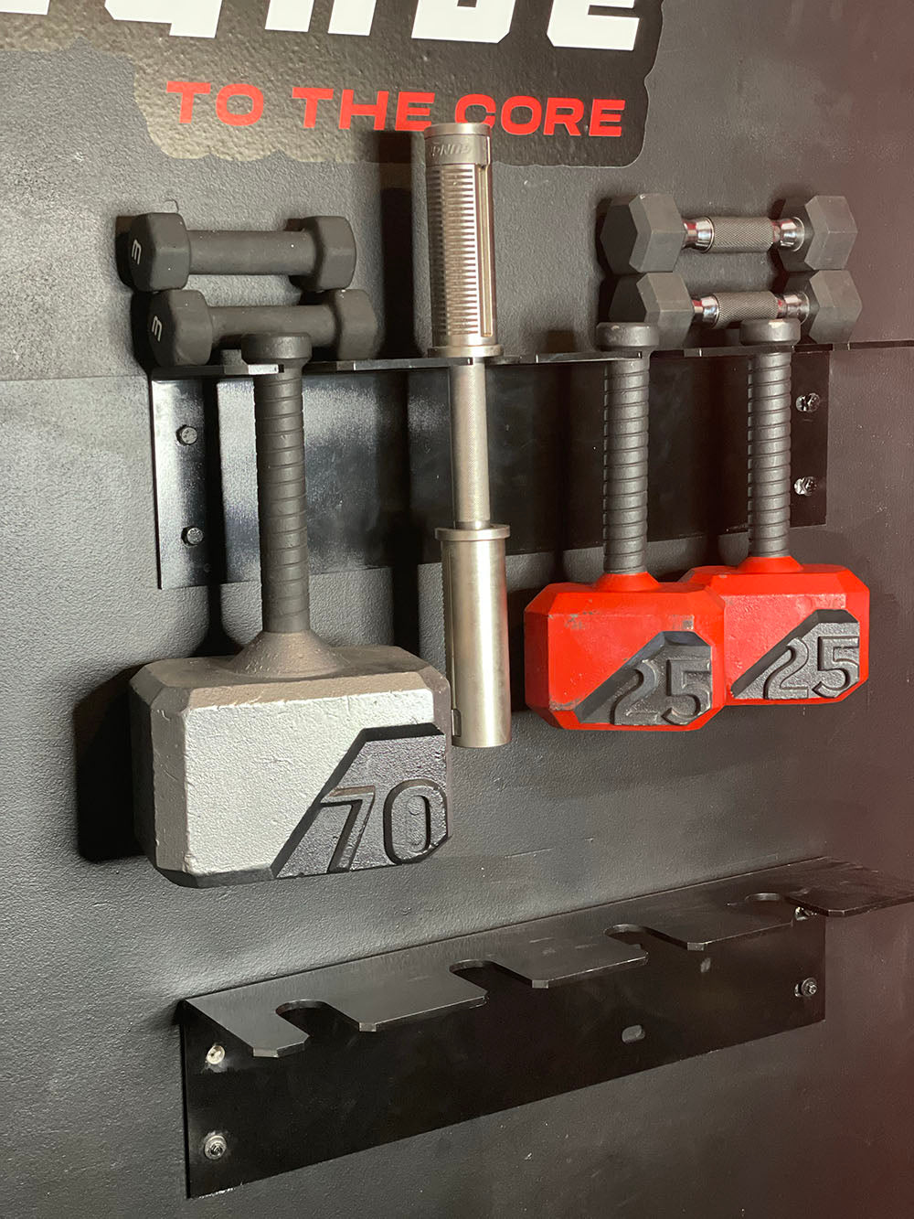 The wall mounted Single Row Dumbbell Holder is space-saving and designed to help you save floor space. This image presents the Single Row Dumbbell Holder mounted on the wall with Thor kettlebells hanging from the rack.