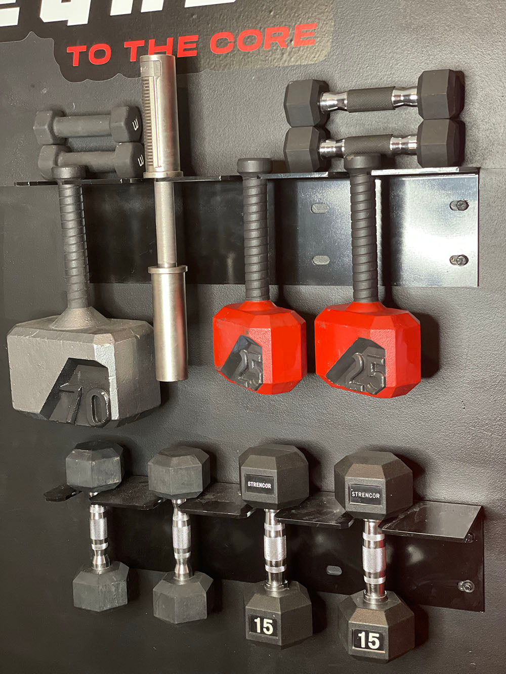 The wall mounted Single Row Dumbbell Holder is space-saving and designed to help you save floor space. This image presents the Single Row Dumbbell Holder mounted on the wall, full of dumbbells.