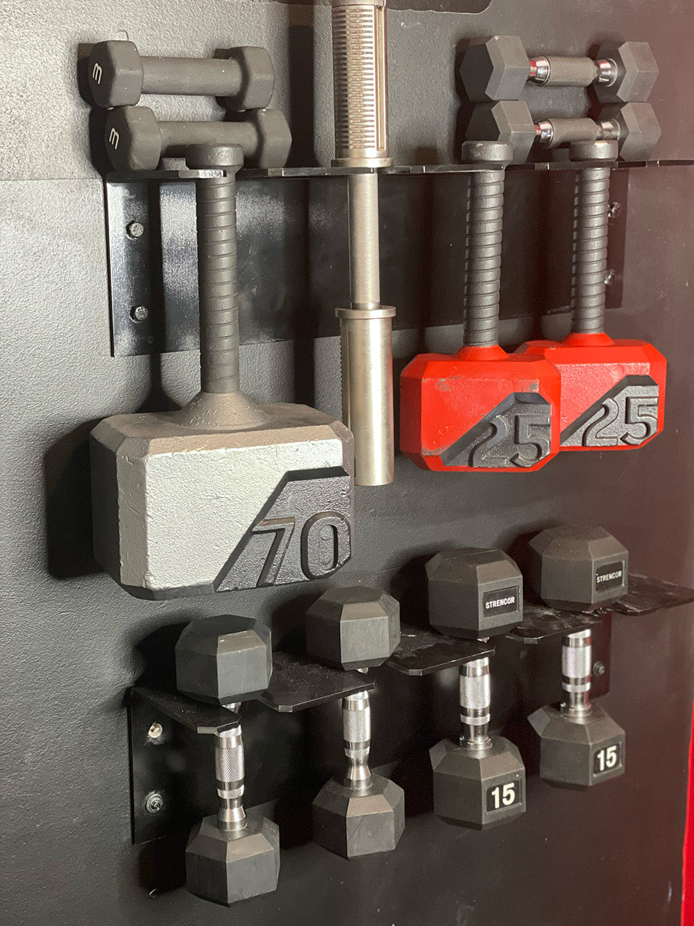 The wall mounted Single Row Dumbbell Holder is space-saving and designed to help you save floor space. This image presents the Single Row Dumbbell Holder mounted on the wall with dumbbells.